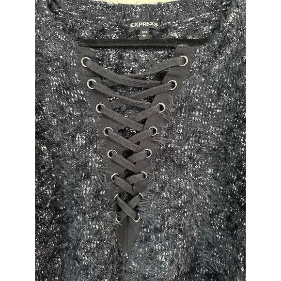 Express Blue Marl Eyelash Lace Up Neck Large Long Sleeve Sweater Super Soft - Picture 3 of 10